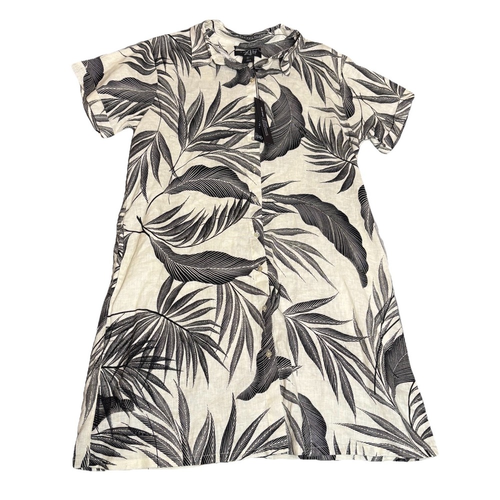 Tahari Linen Palm Leaf Print Shirt Dress Women Large Hawaiian Resortwear NWT